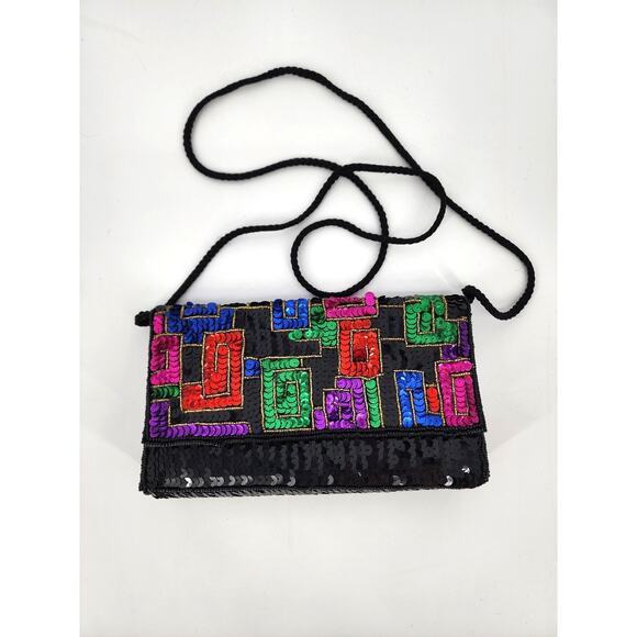 Geometric Sequin Crossbody Shoulder Bag Black with Multicolor Flap - Picture 13 of 13